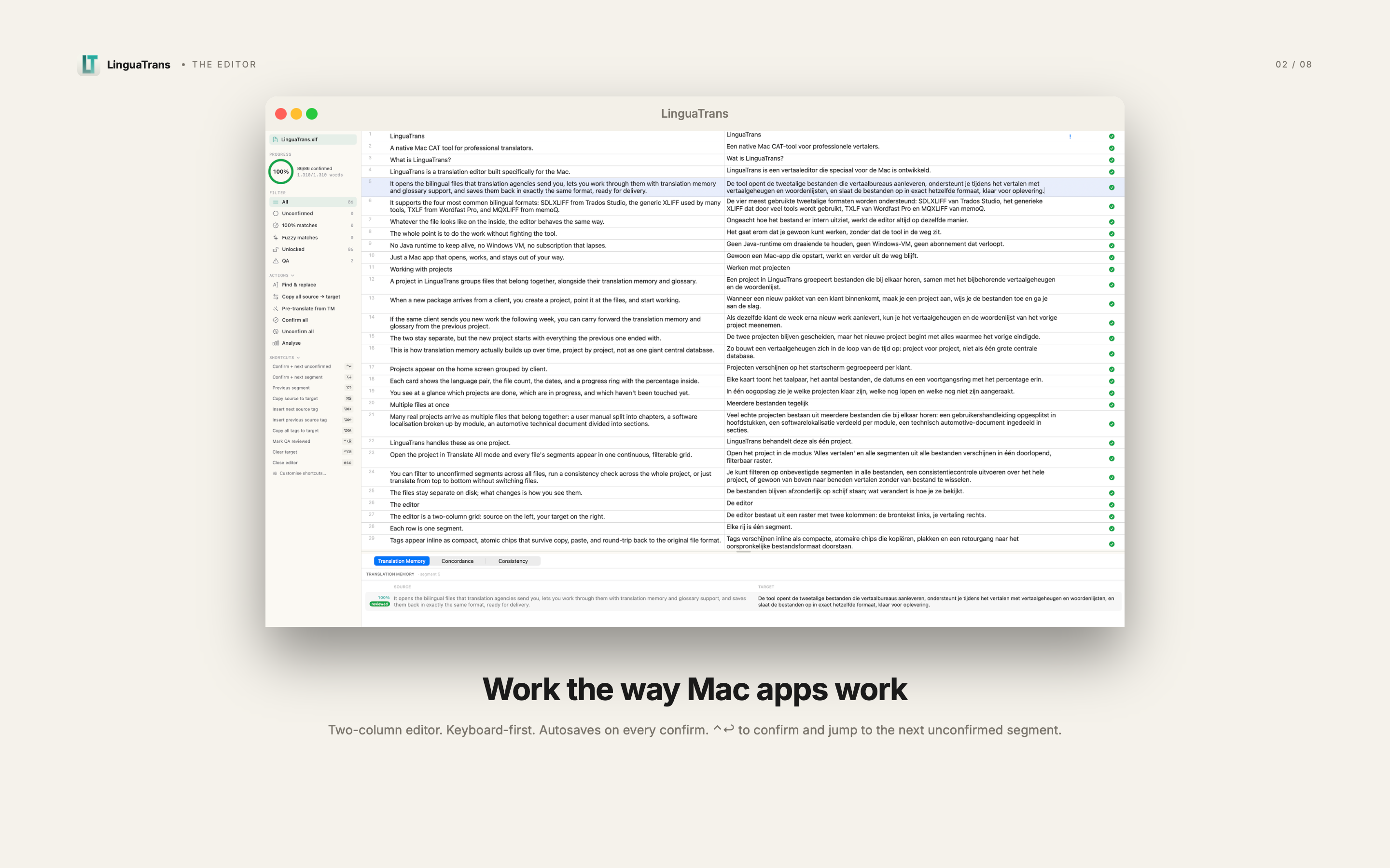 LinguaTrans bilingual editor with source and target columns