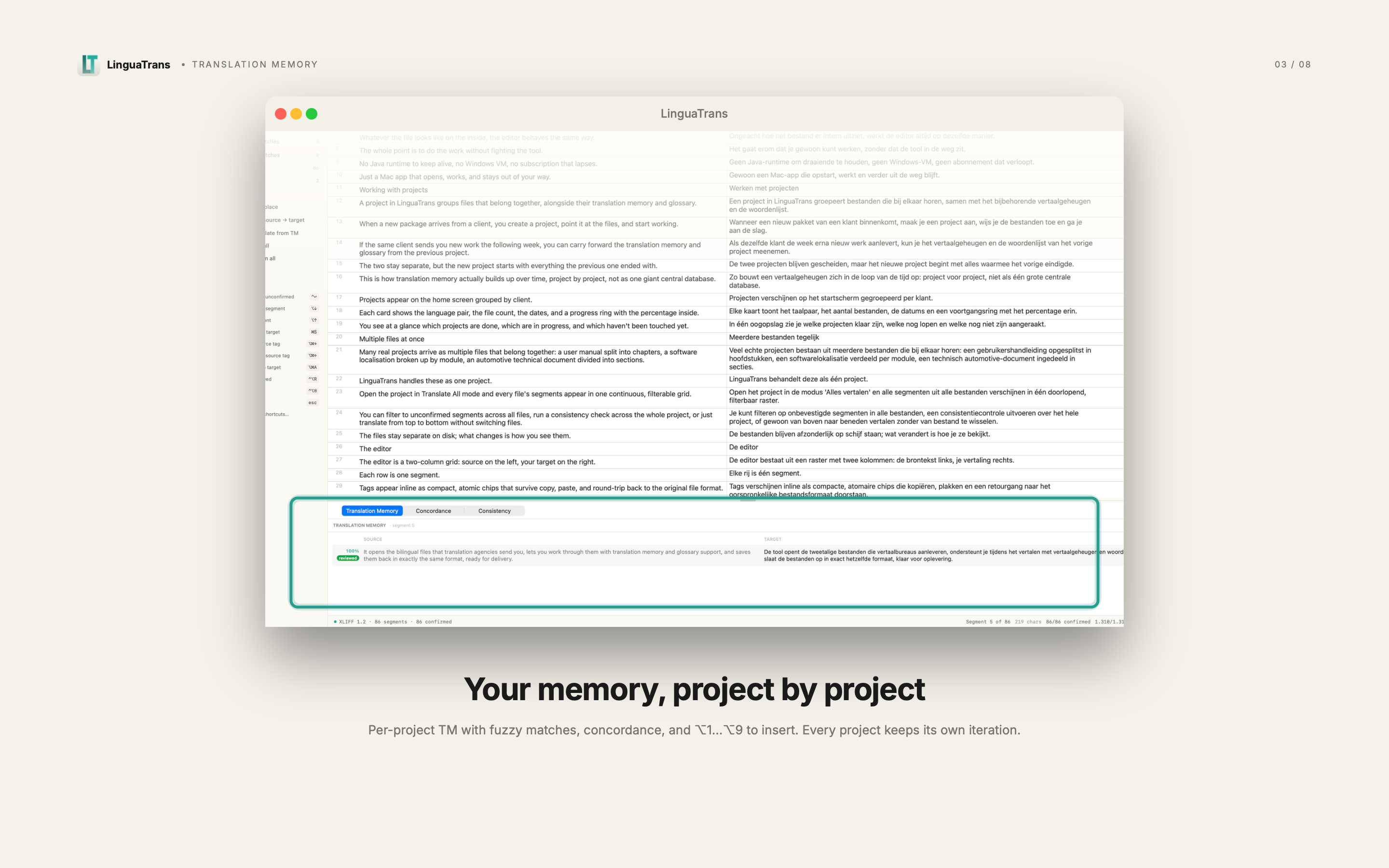 LinguaTrans translation memory panel with fuzzy matches