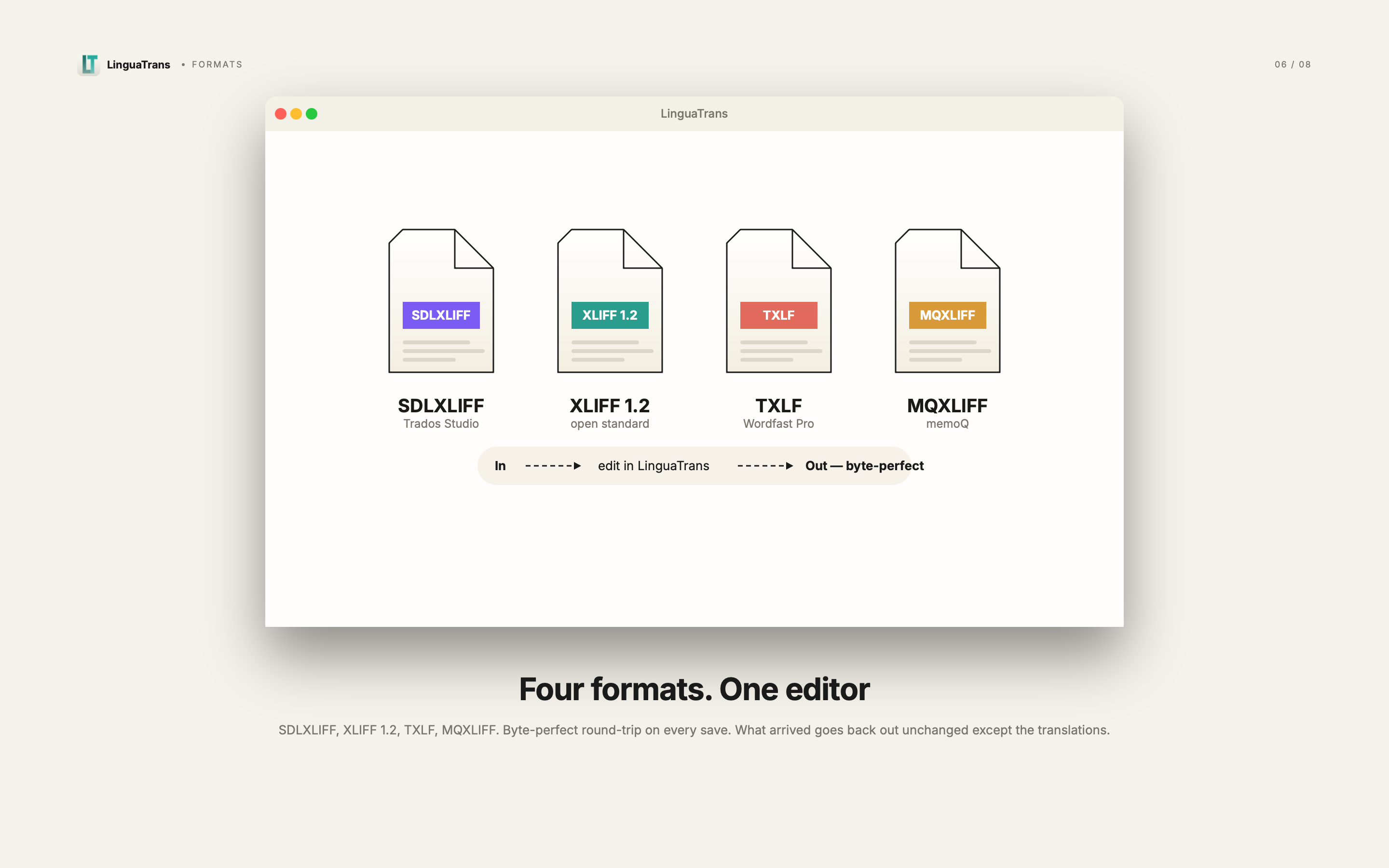 LinguaTrans supported file formats: SDLXLIFF, XLIFF, TXLF, MQXLIFF