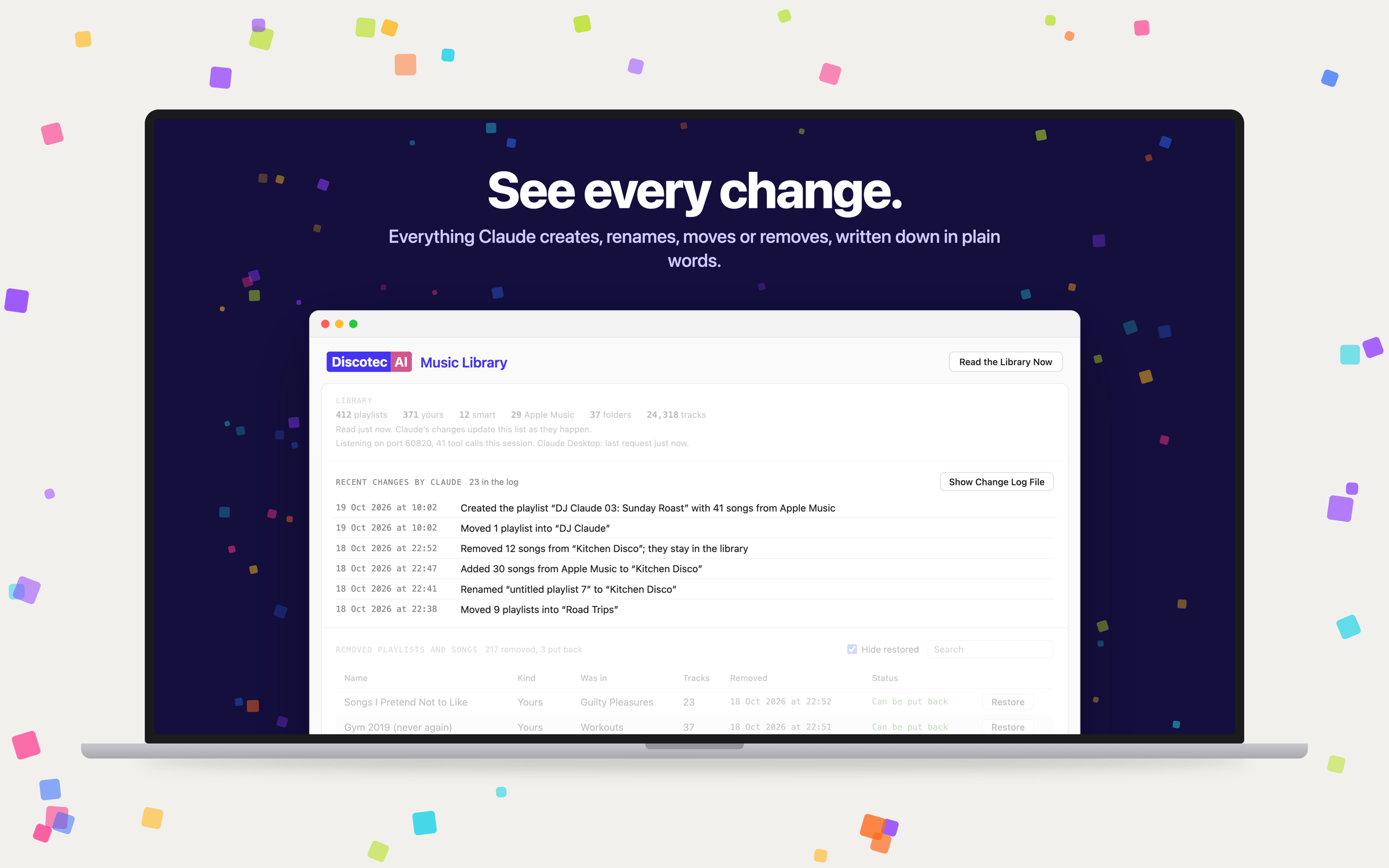 The DiscotecAI window with the Recent Changes by Claude list: playlists created, moved and renamed, songs added and removed, each with its time