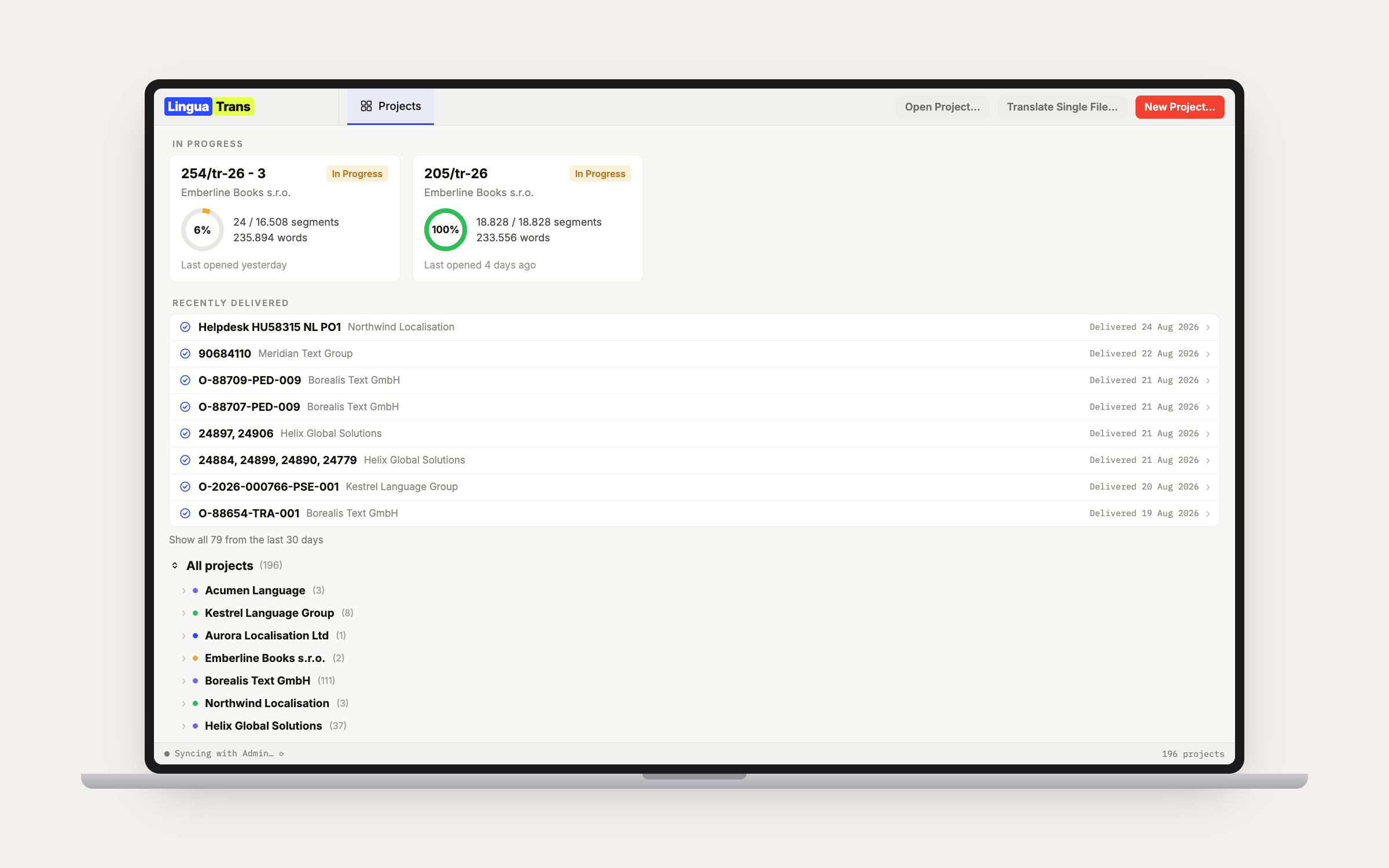 LinguaTrans home screen with in-progress project cards and the client tree