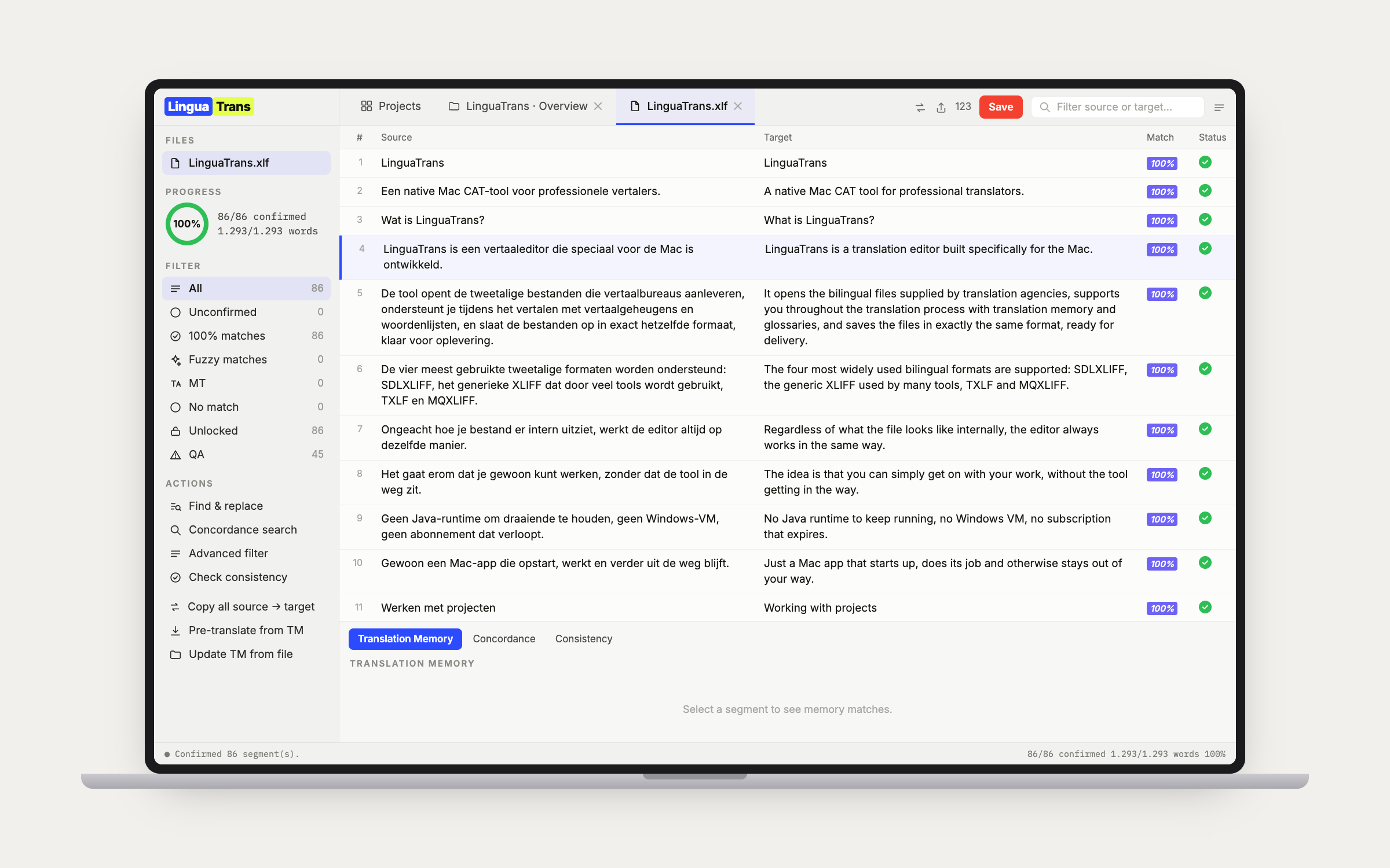 LinguaTrans bilingual editor with source and target columns and the filter sidebar
