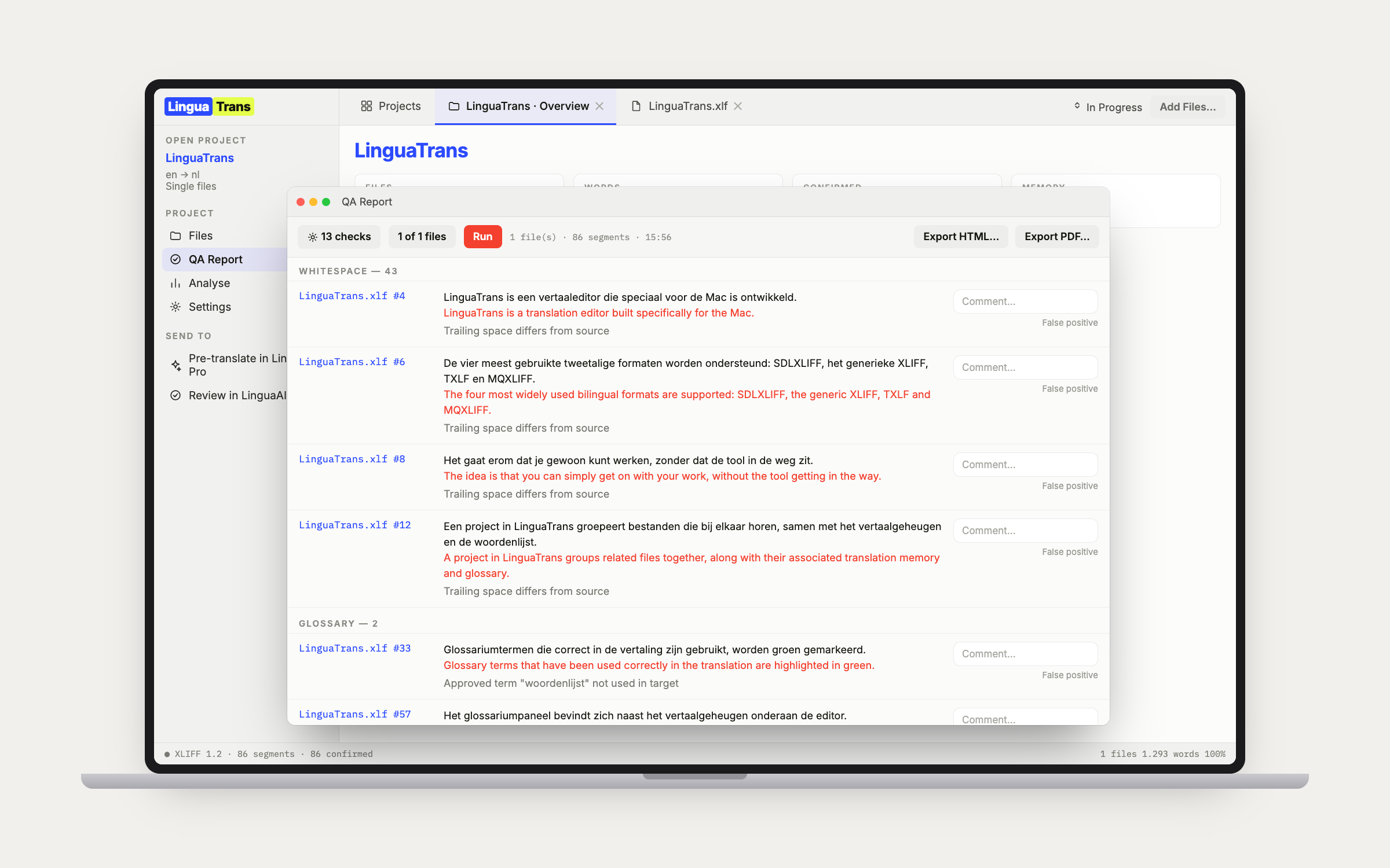LinguaTrans QA report grouped by check, with comment fields and HTML and PDF export