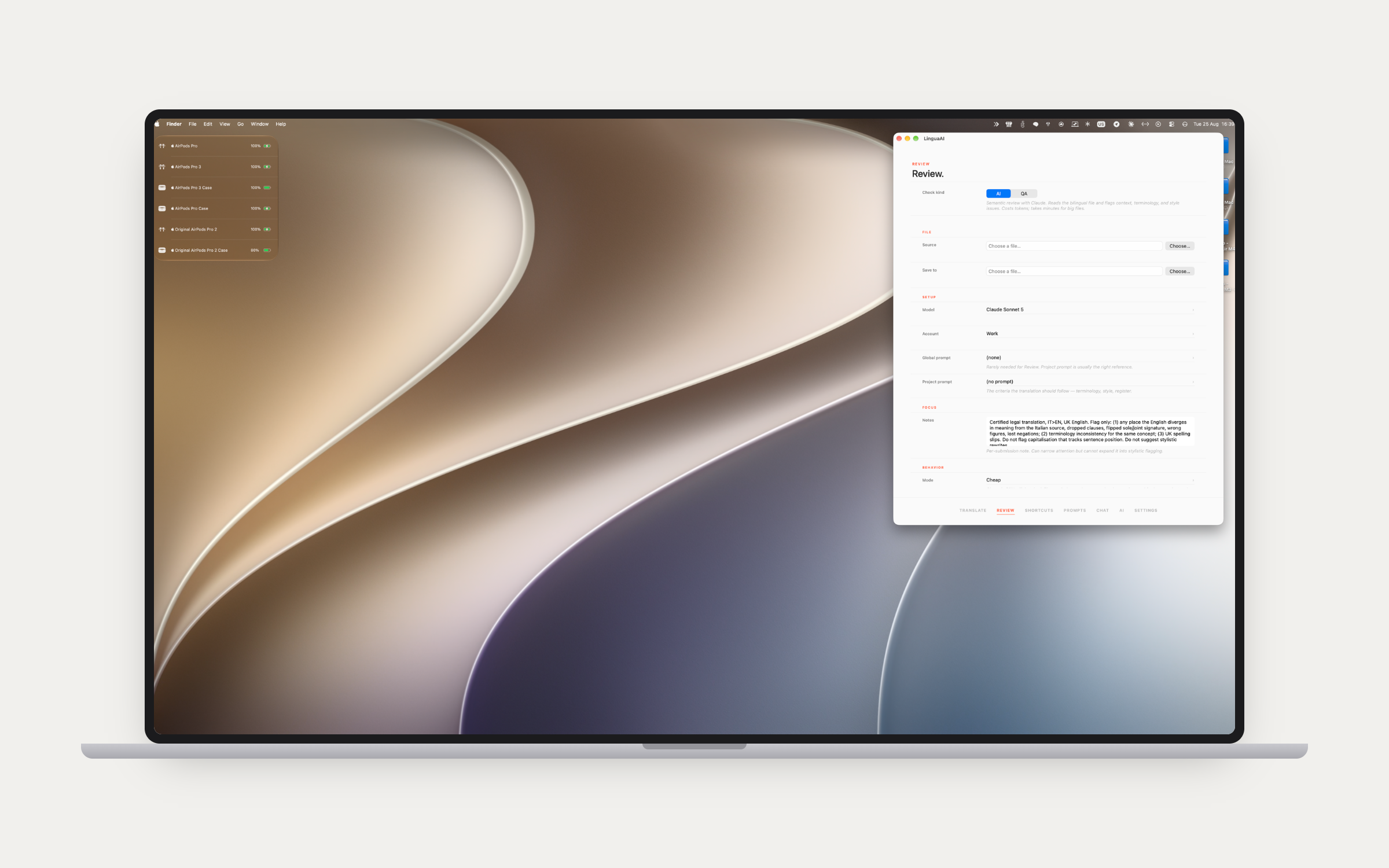 The Review tab in LinguaAI Pro with the AI and QA check kinds and a focus note