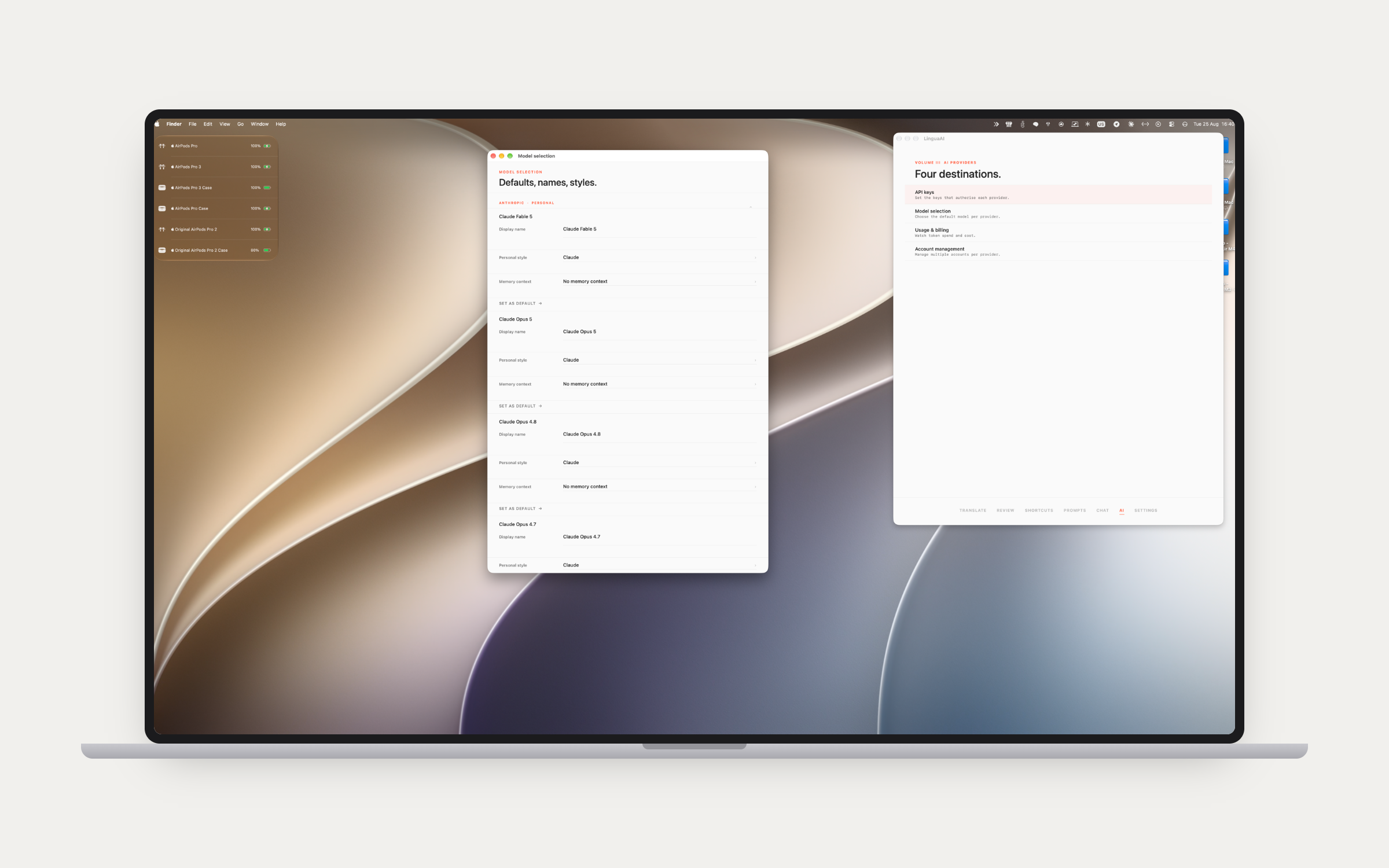 The AI tab in LinguaAI Pro beside the model selection window with per-model defaults