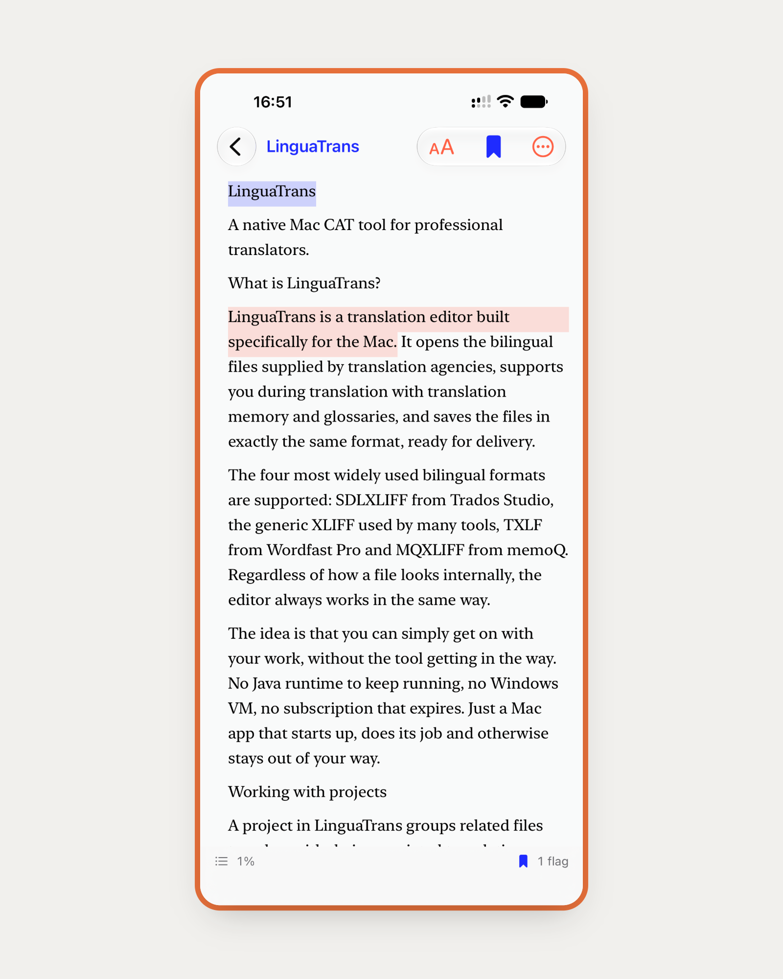 A translation in LinguaReview laid out as continuous serif prose with two flagged sentences highlighted