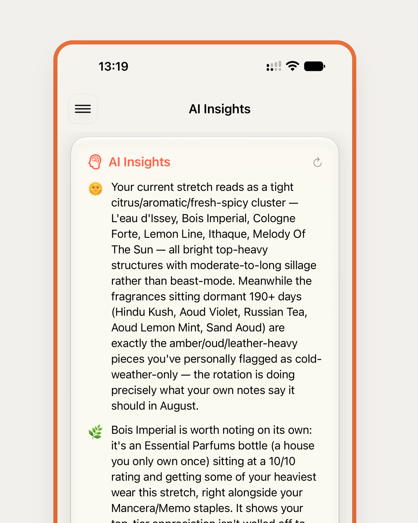 Sillage AI Insights listing observations about wear habits and collection balance