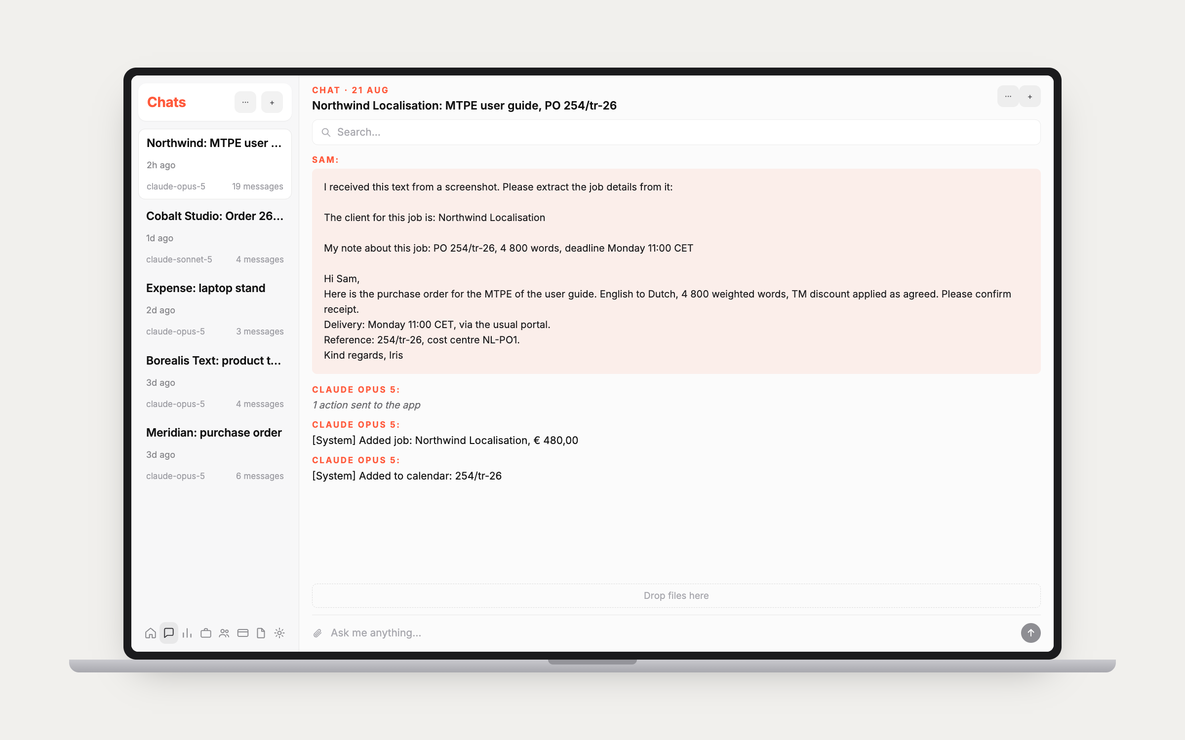 Admin AI assistant extracting job details from a pasted purchase order