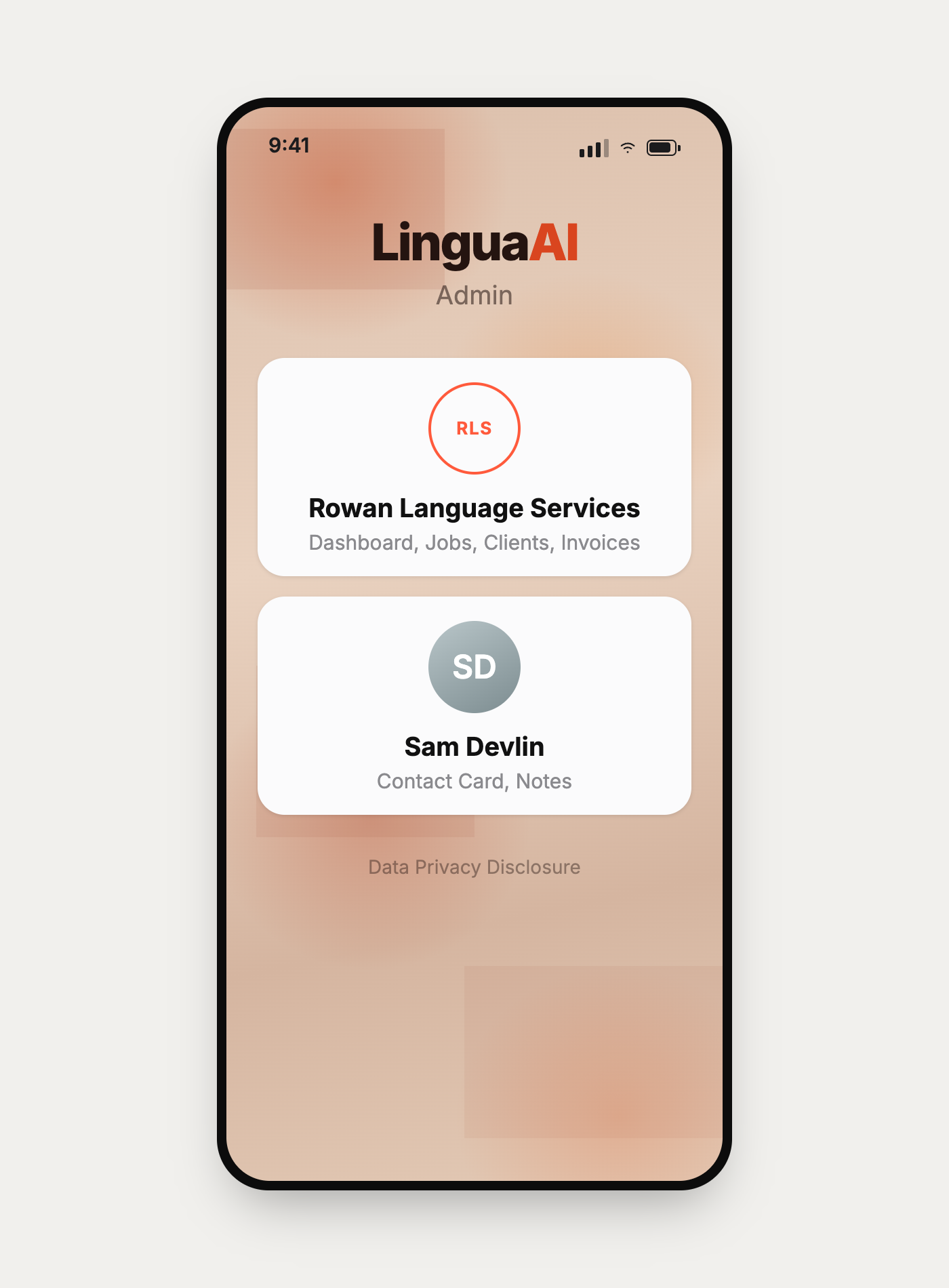 Admin home screen offering the business and personal workspaces