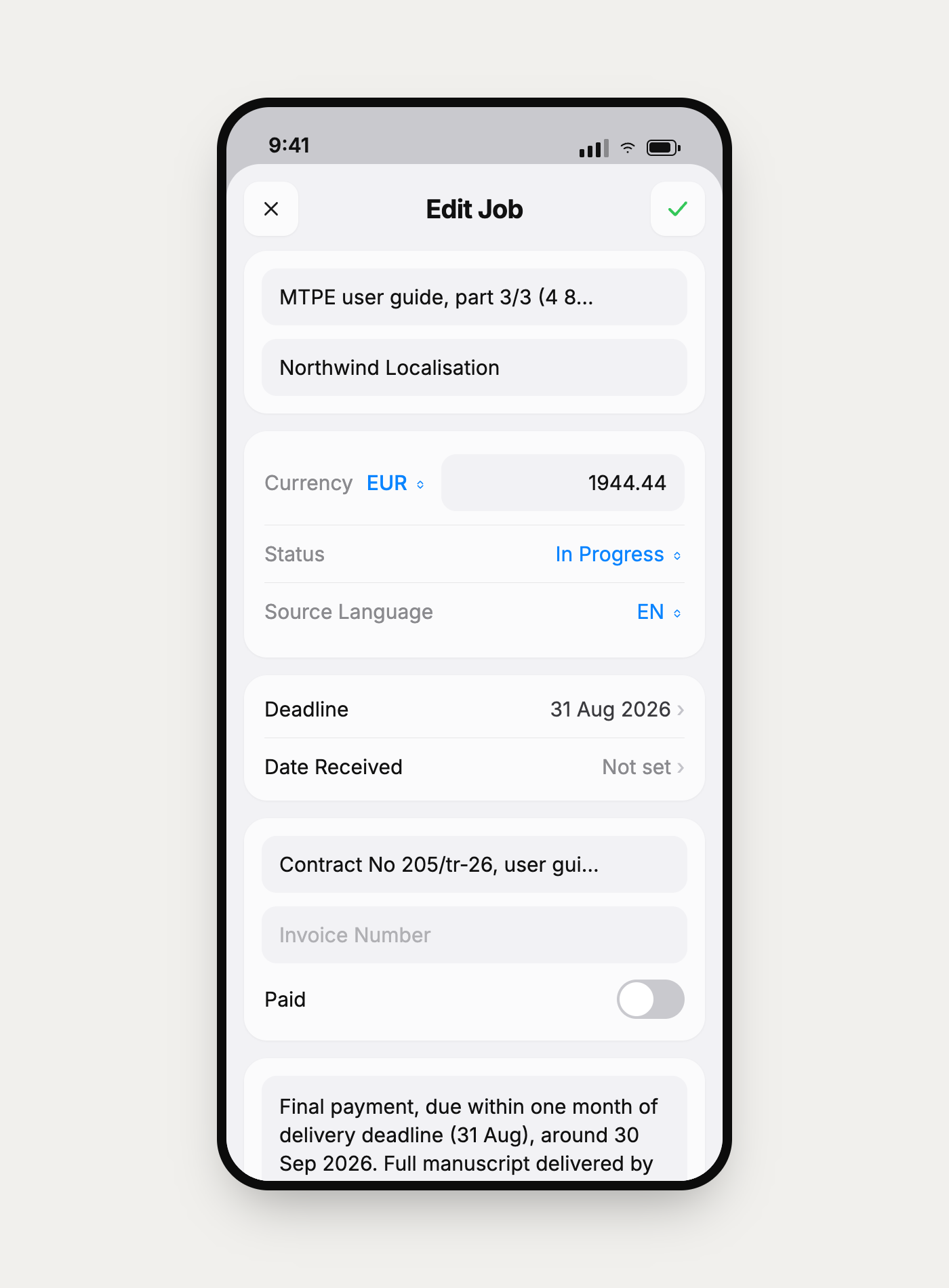 Admin edit-job sheet with currency, status, deadline and payment fields