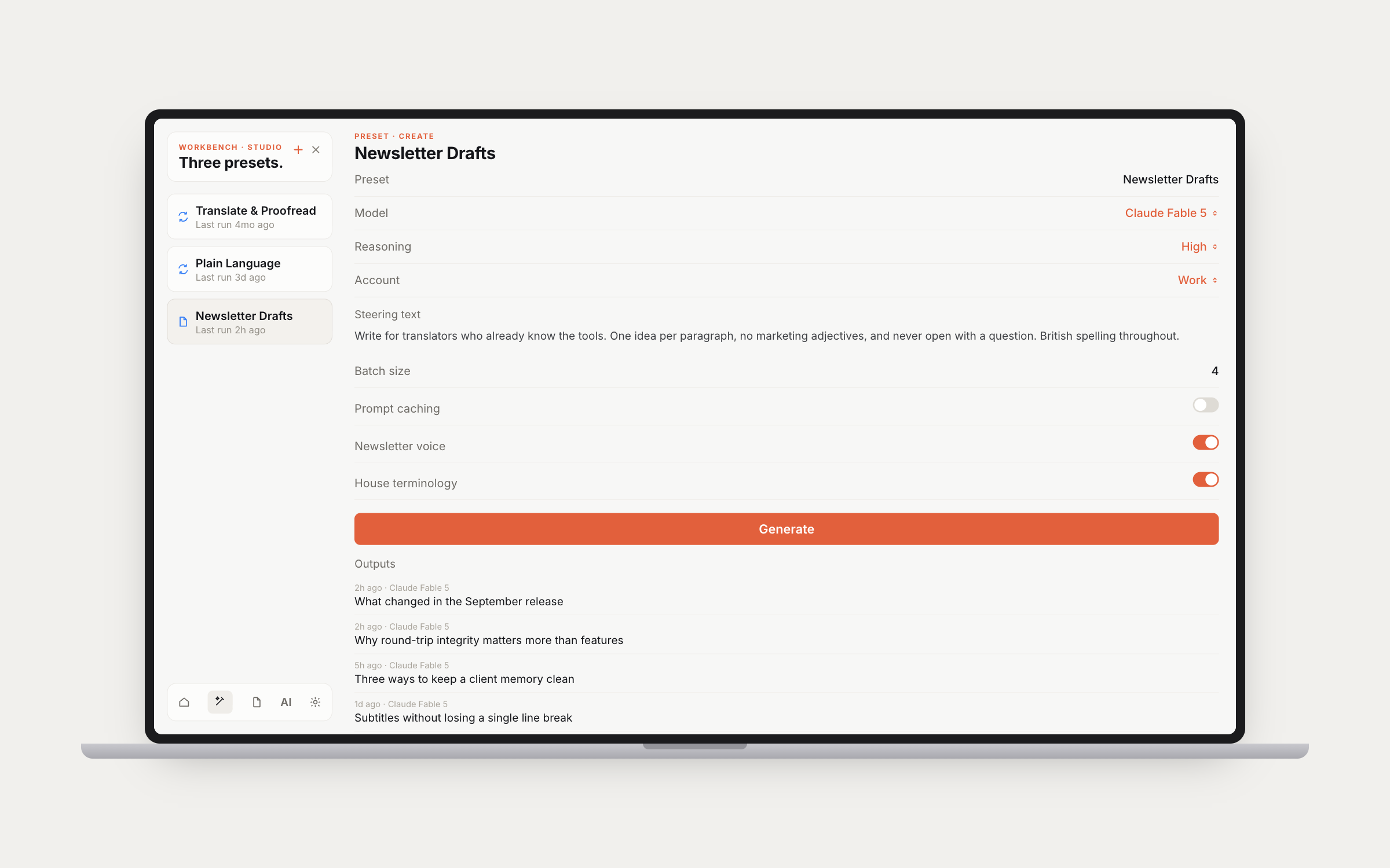 A Studio preset with its model, reasoning, steering text and generated outputs