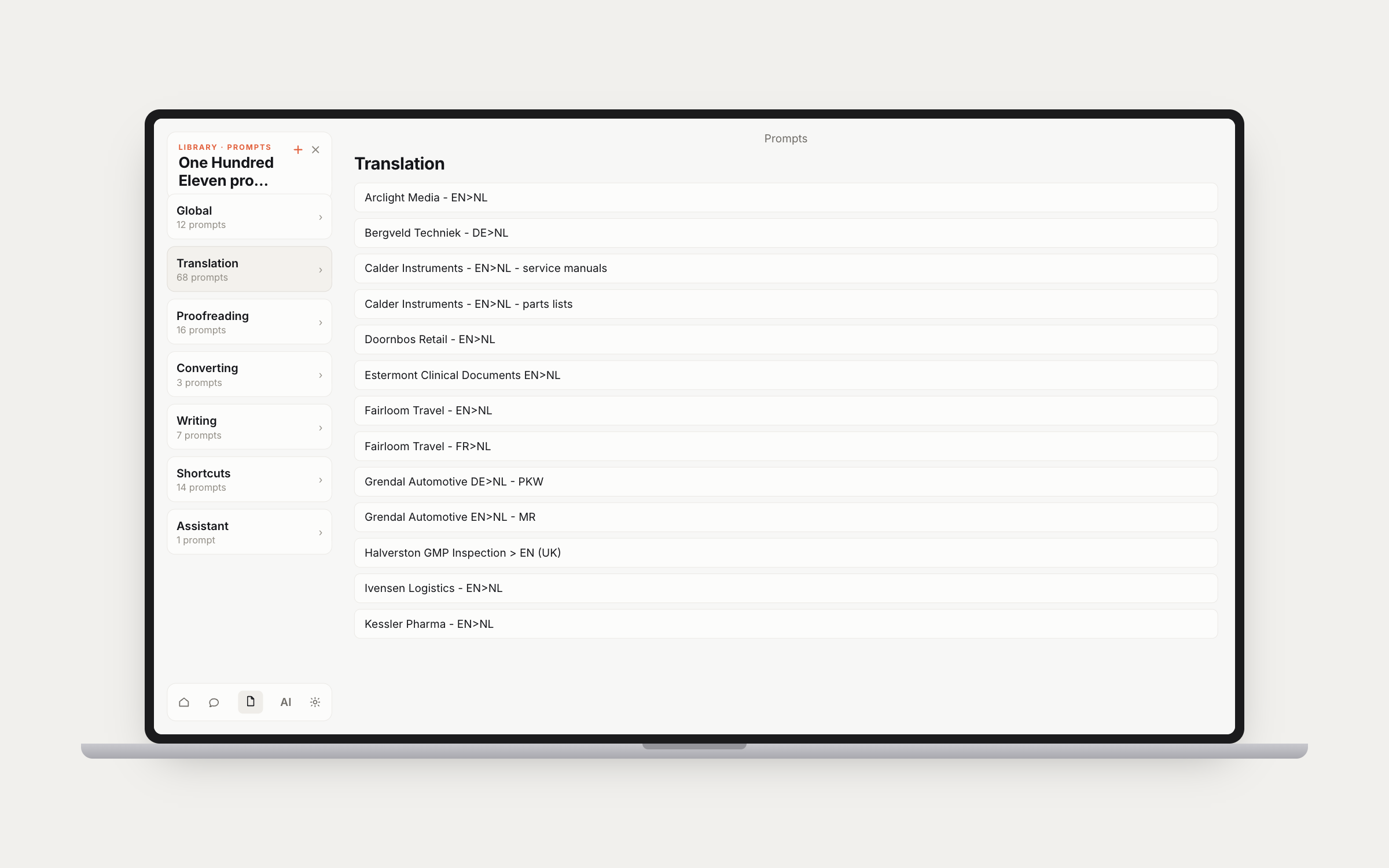 The Studio prompt library with categories and client-specific translation prompts