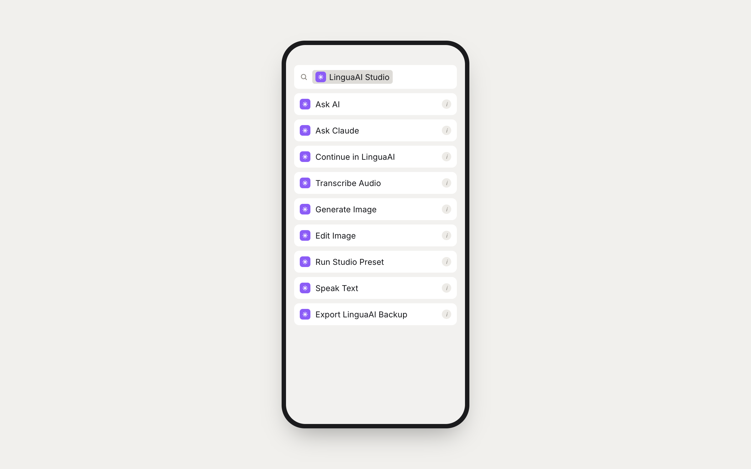 LinguaAI Studio actions listed in the Apple Shortcuts app