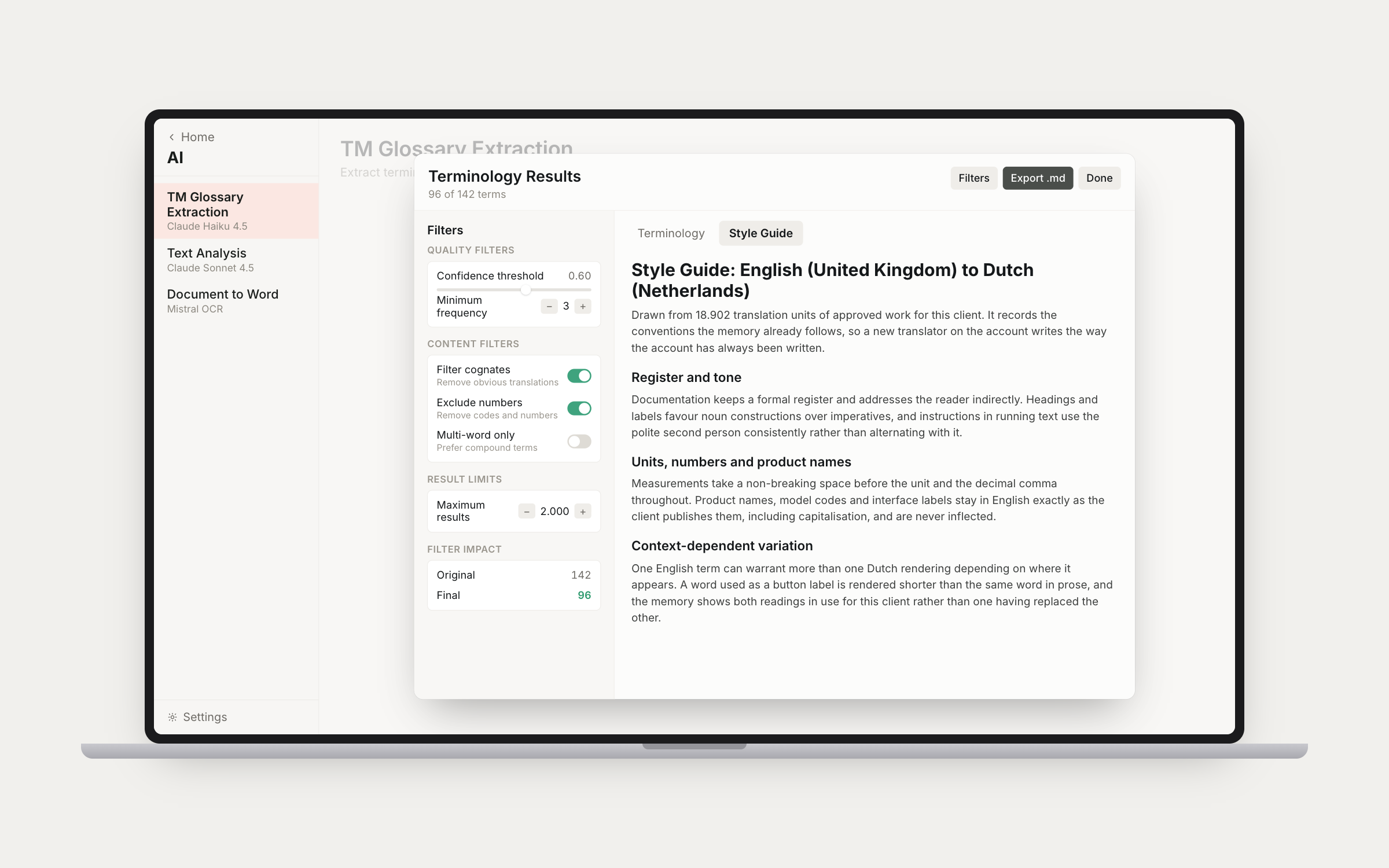 TM Glossary Extraction results with filters and an extracted style guide