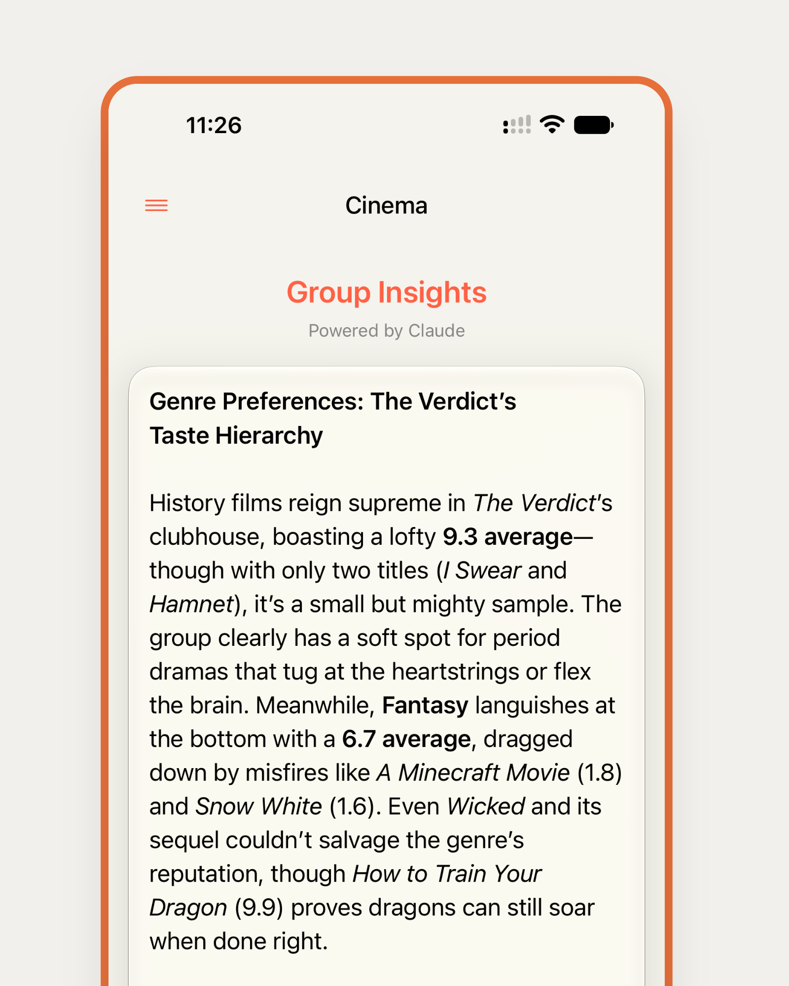 The Verdict Group Insights writing up the group's genre preferences with named titles and averages